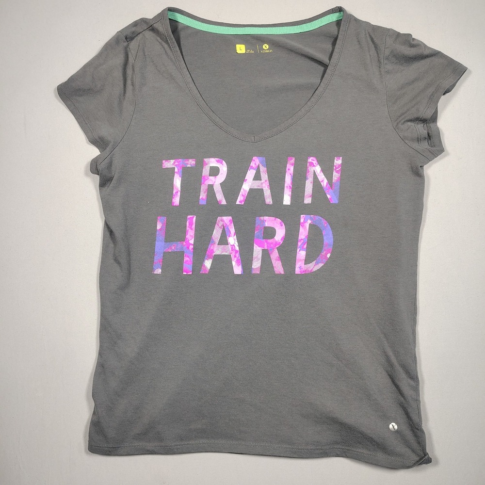 Xersion Graphic Tee Women Large Gray Train Hard Cotton Blend Short‎ Sleeve